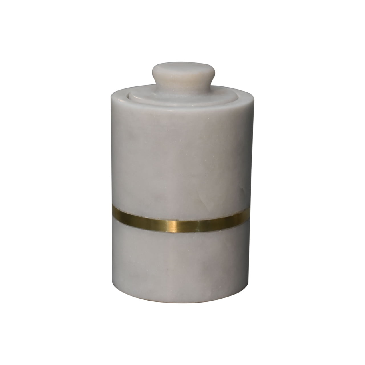 This 5-piece round bathroom set is made from white marble adorned with a brass band.