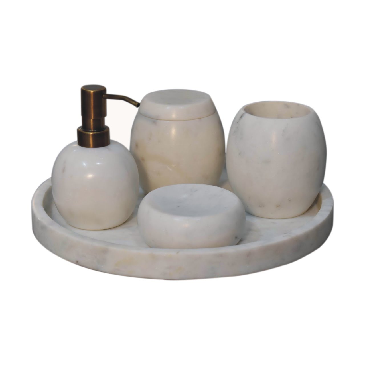 5-piece bathroom set is made of round polished white marble.