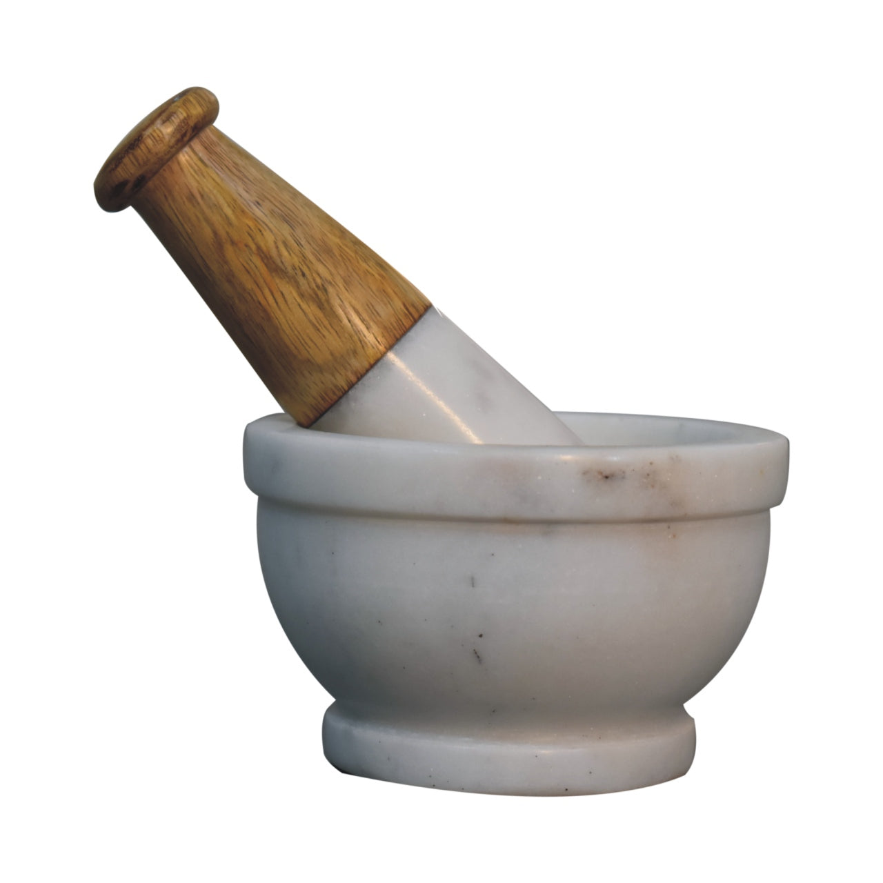 mortar and pestle, meticulously handcrafted from natural white marble and paired with a smooth wooden-accent handle