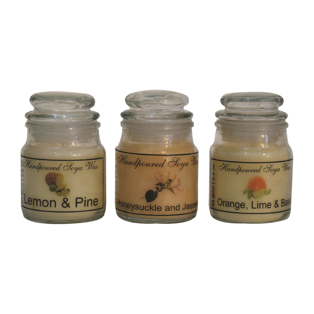 3 scented hourglass candles, include Lemon &amp; Pine, Honeysuckle &amp; Jasmine and Orange, Lime
