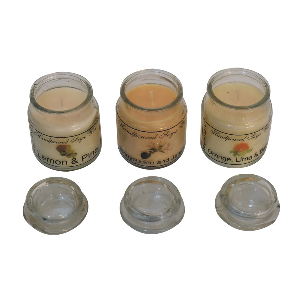 3 scented hourglass candles, include Lemon &amp; Pine, Honeysuckle &amp; Jasmine and Orange, Lime