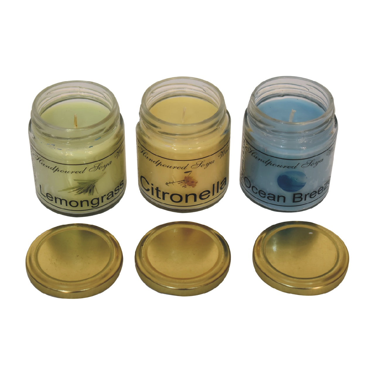 This set of 3 scented candles, includes Lemongrass, Citronella &amp; Summer Tides