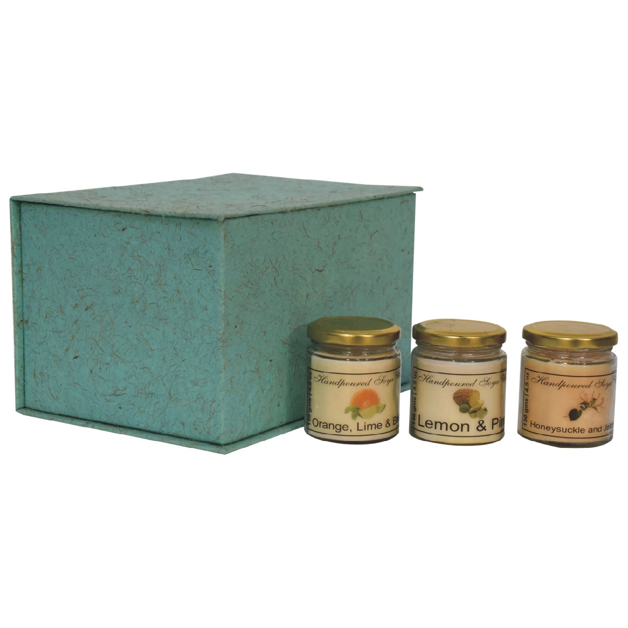 This set of 3 scented candles, includes Orange, Lime &amp; Basil, Lemon &amp; Pine and Honeysuckle &amp; Jasmine