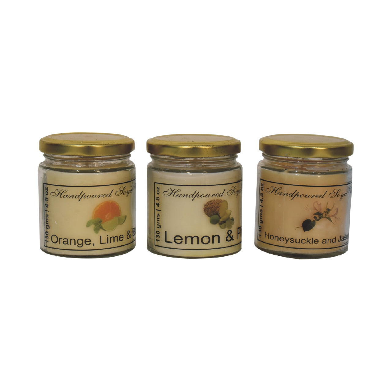 This set of 3 scented candles, includes Orange, Lime &amp; Basil, Lemon &amp; Pine and Honeysuckle &amp; Jasmine