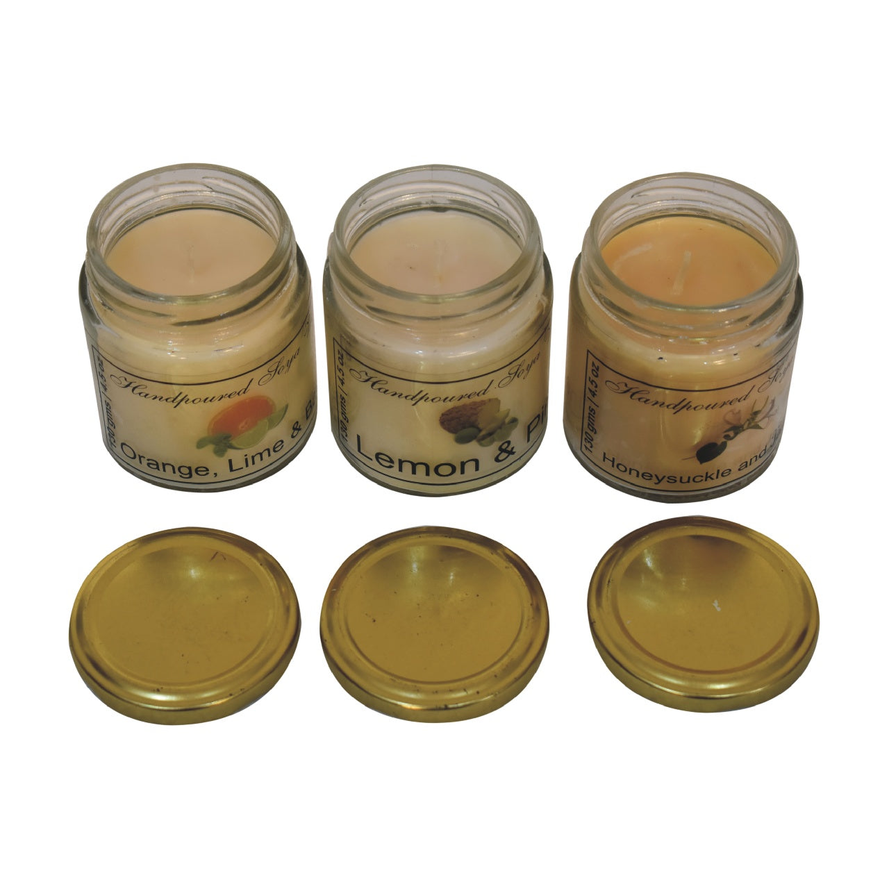 This set of 3 scented candles, includes Orange, Lime &amp; Basil, Lemon &amp; Pine and Honeysuckle &amp; Jasmine
