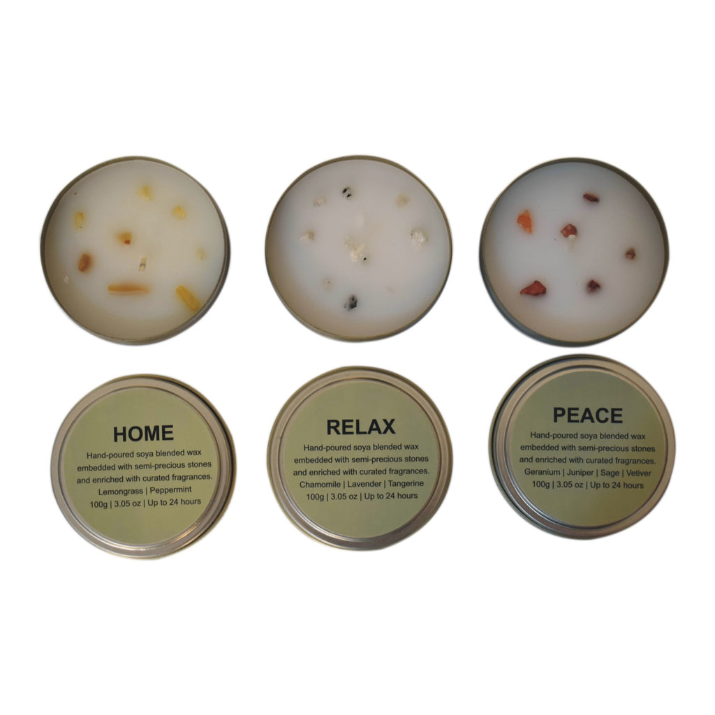 100% hand-poured soya blended wax and embedded with semi-precious stones for a cleaner