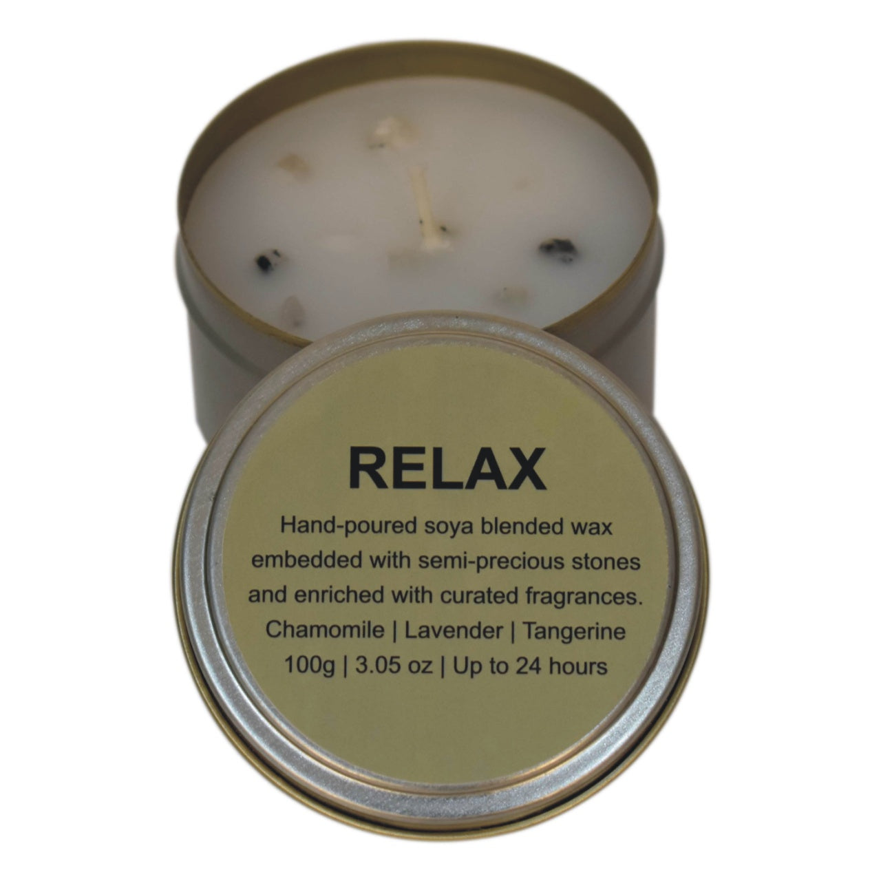 100% hand-poured soya blended wax and embedded with semi-precious stones for a cleaner