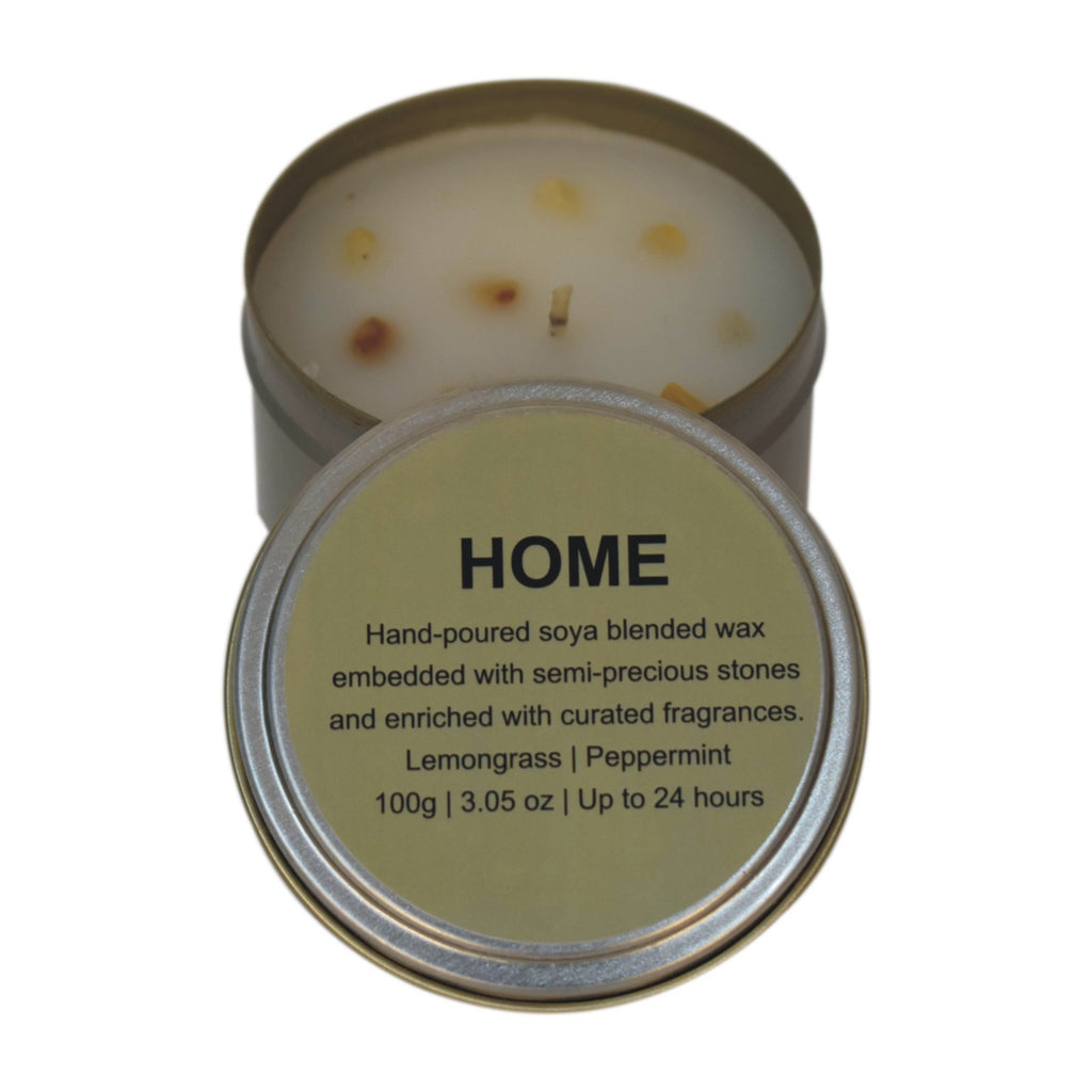 100% hand-poured soya blended wax and embedded with semi-precious stones for a cleaner