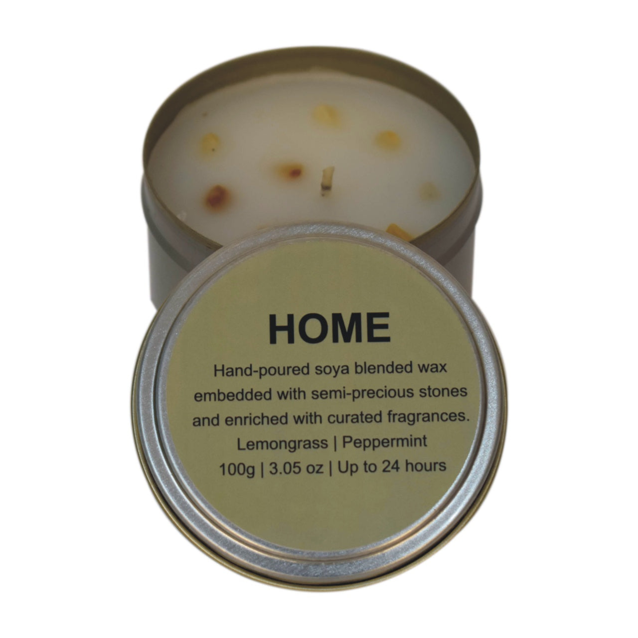 100% hand-poured soya blended wax and embedded with semi-precious stones for a cleaner