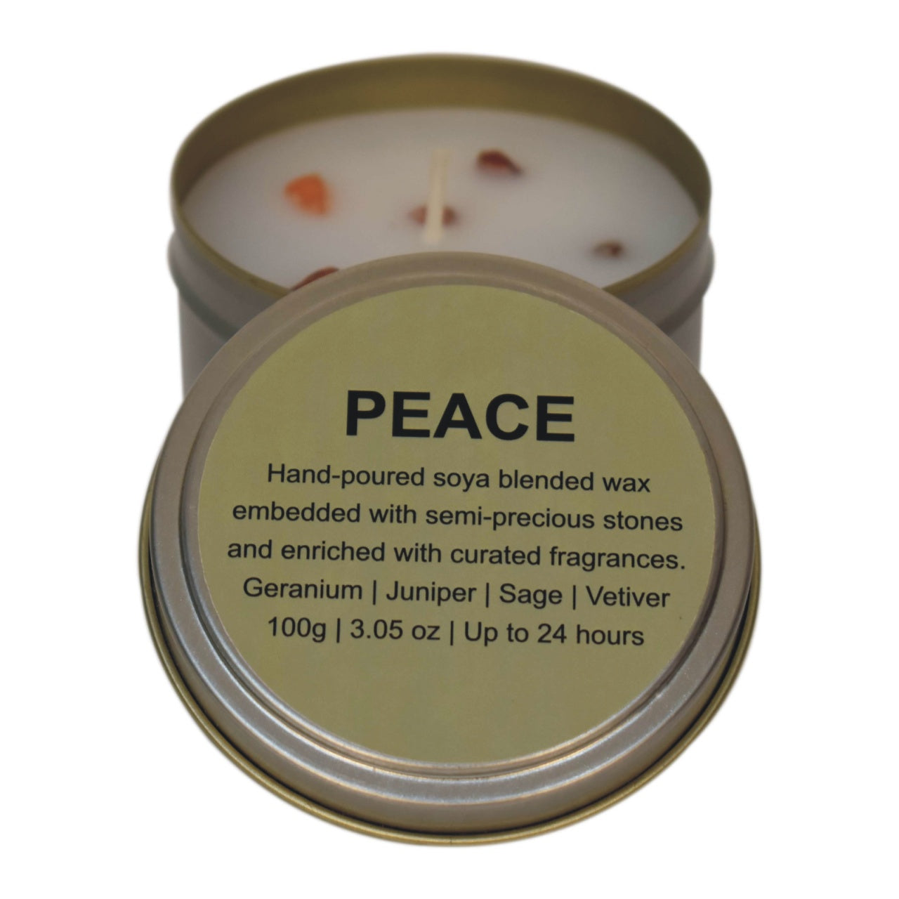 100% hand-poured soya blended wax and embedded with semi-precious stones for a cleaner