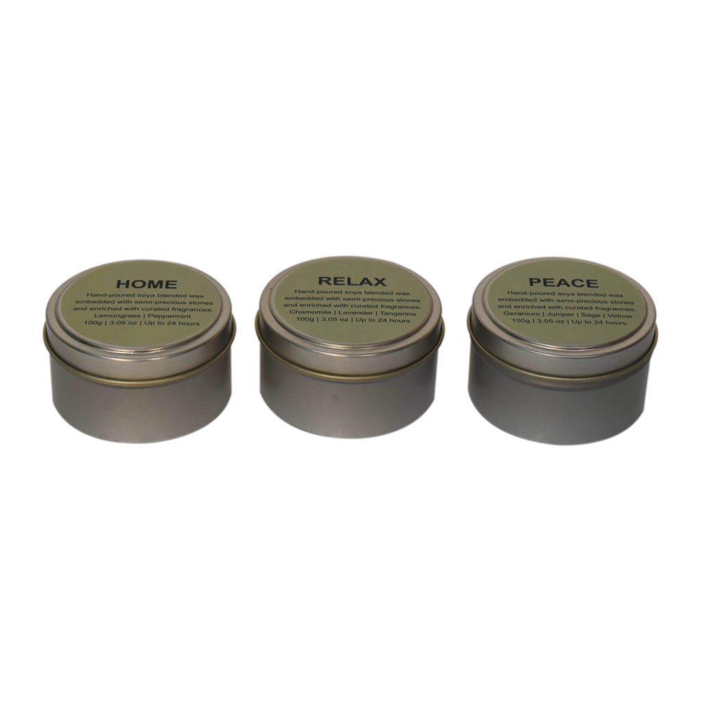 100% hand-poured soya blended wax and embedded with semi-precious stones for a cleaner