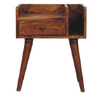Solid wood bedside table featuring open storage slot, small drawer with brass knob, and Nordic-style wooden legs