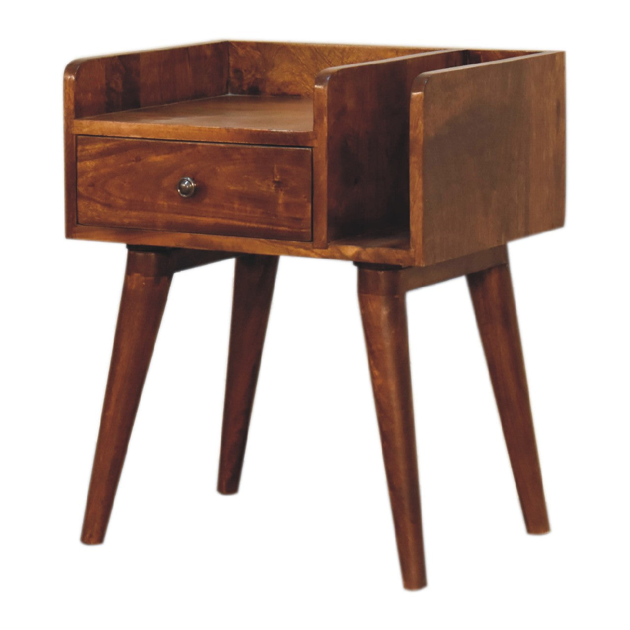 Solid wood bedside table featuring open storage slot, small drawer with brass knob, and Nordic-style wooden legs