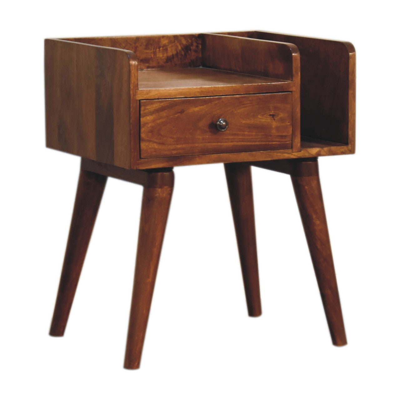 Solid wood bedside table featuring open storage slot, small drawer with brass knob, and Nordic-style wooden legs