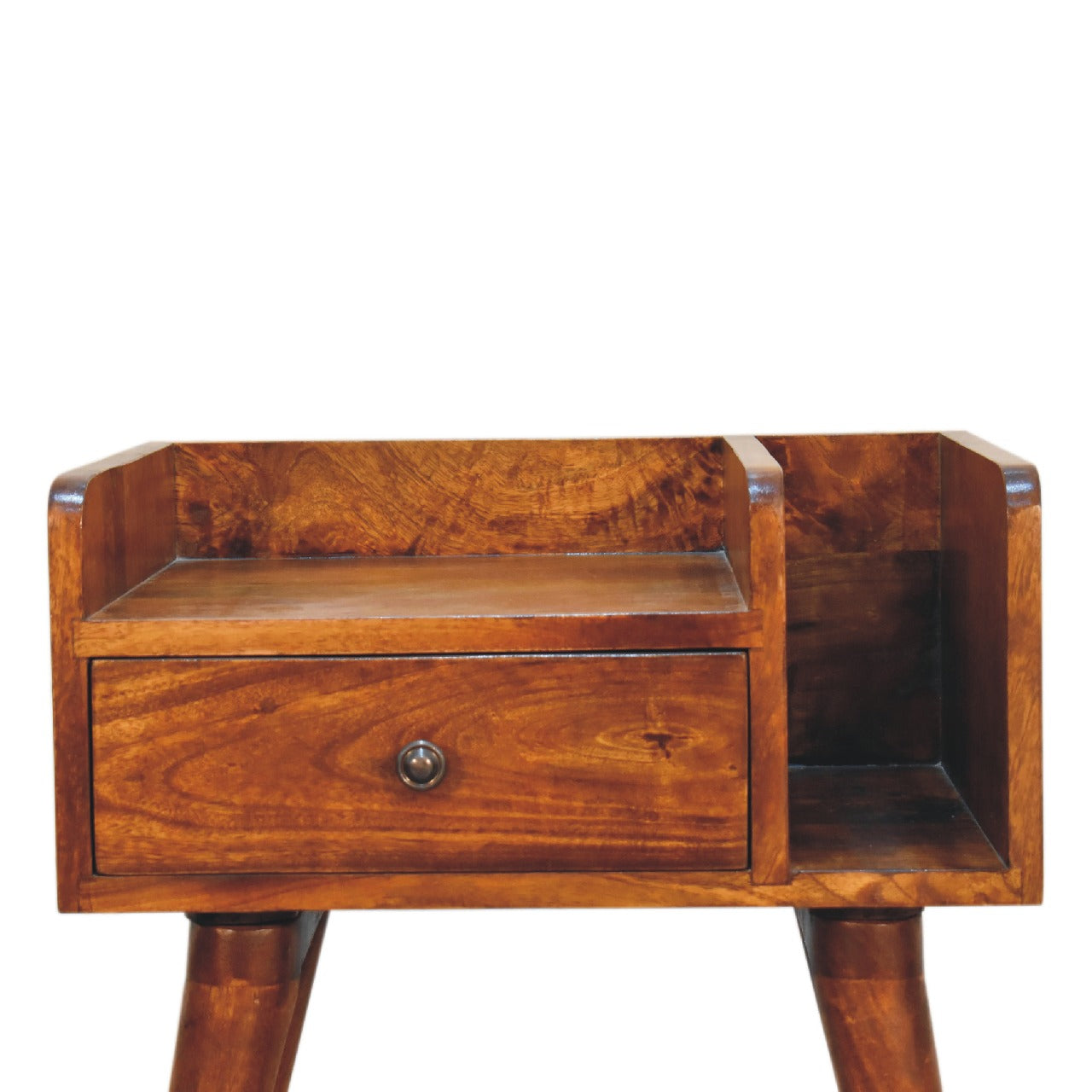 Solid wood bedside table featuring open storage slot, small drawer with brass knob, and Nordic-style wooden legs