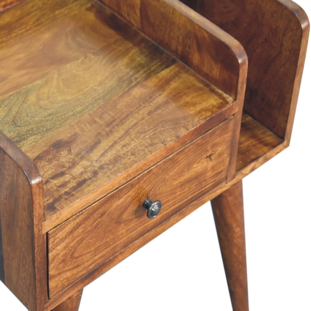 Solid wood bedside table featuring open storage slot, small drawer with brass knob, and Nordic-style wooden legs