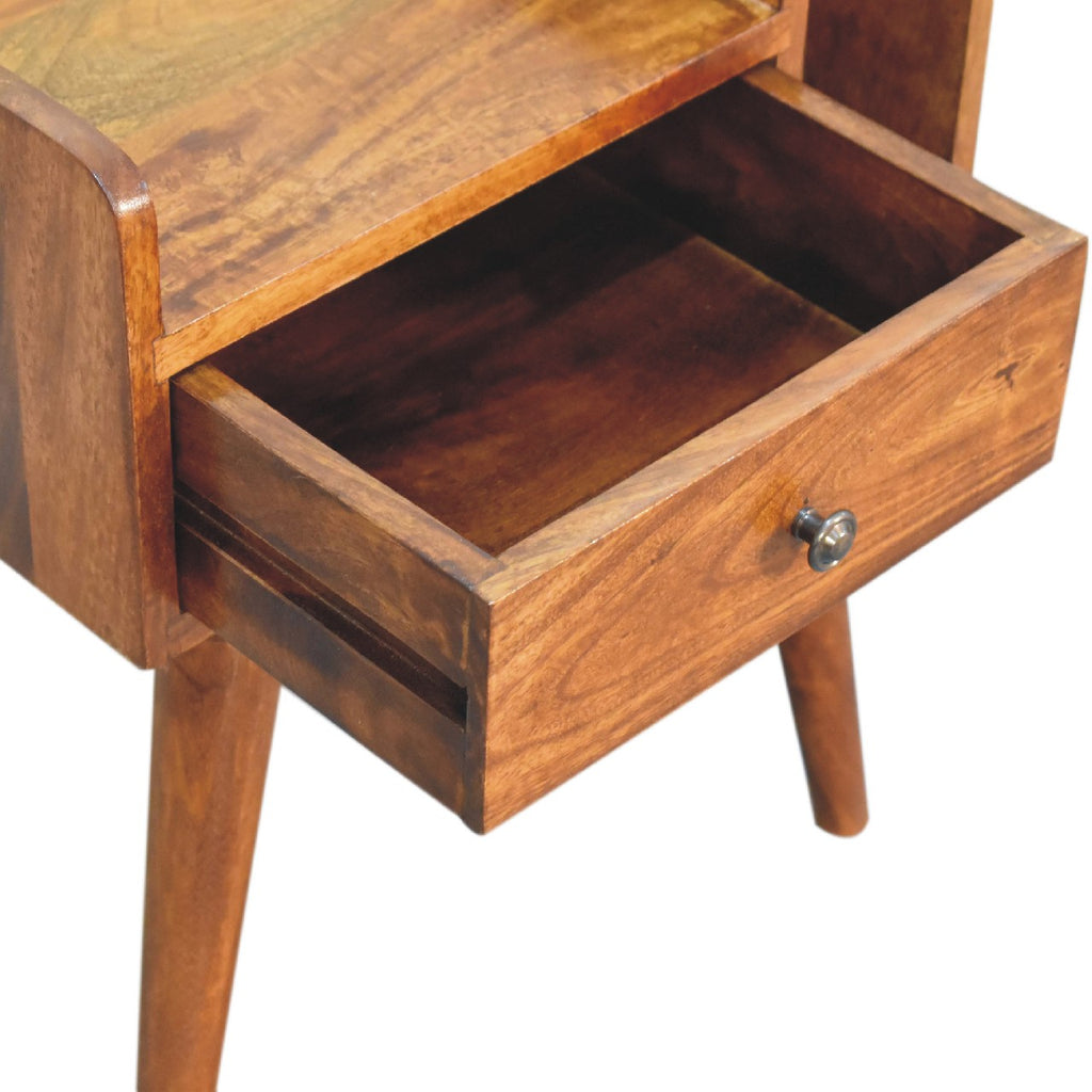 Solid wood bedside table featuring open storage slot, small drawer with brass knob, and Nordic-style wooden legs