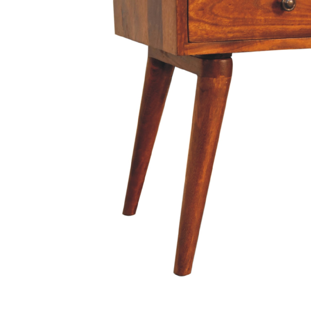Solid wood bedside table featuring open storage slot, small drawer with brass knob, and Nordic-style wooden legs