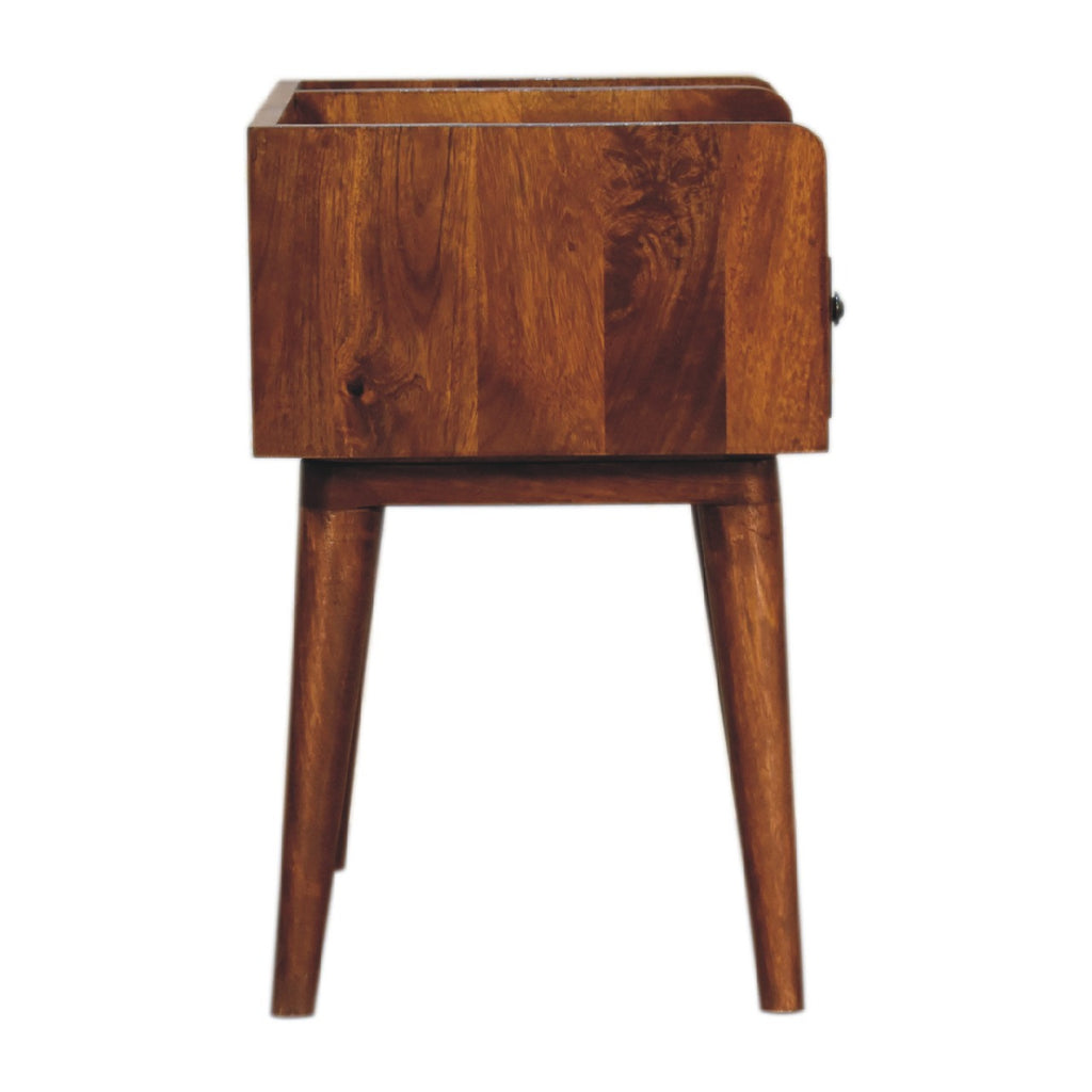 Solid wood bedside table featuring open storage slot, small drawer with brass knob, and Nordic-style wooden legs