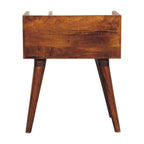 Solid wood bedside table featuring open storage slot, small drawer with brass knob, and Nordic-style wooden legs